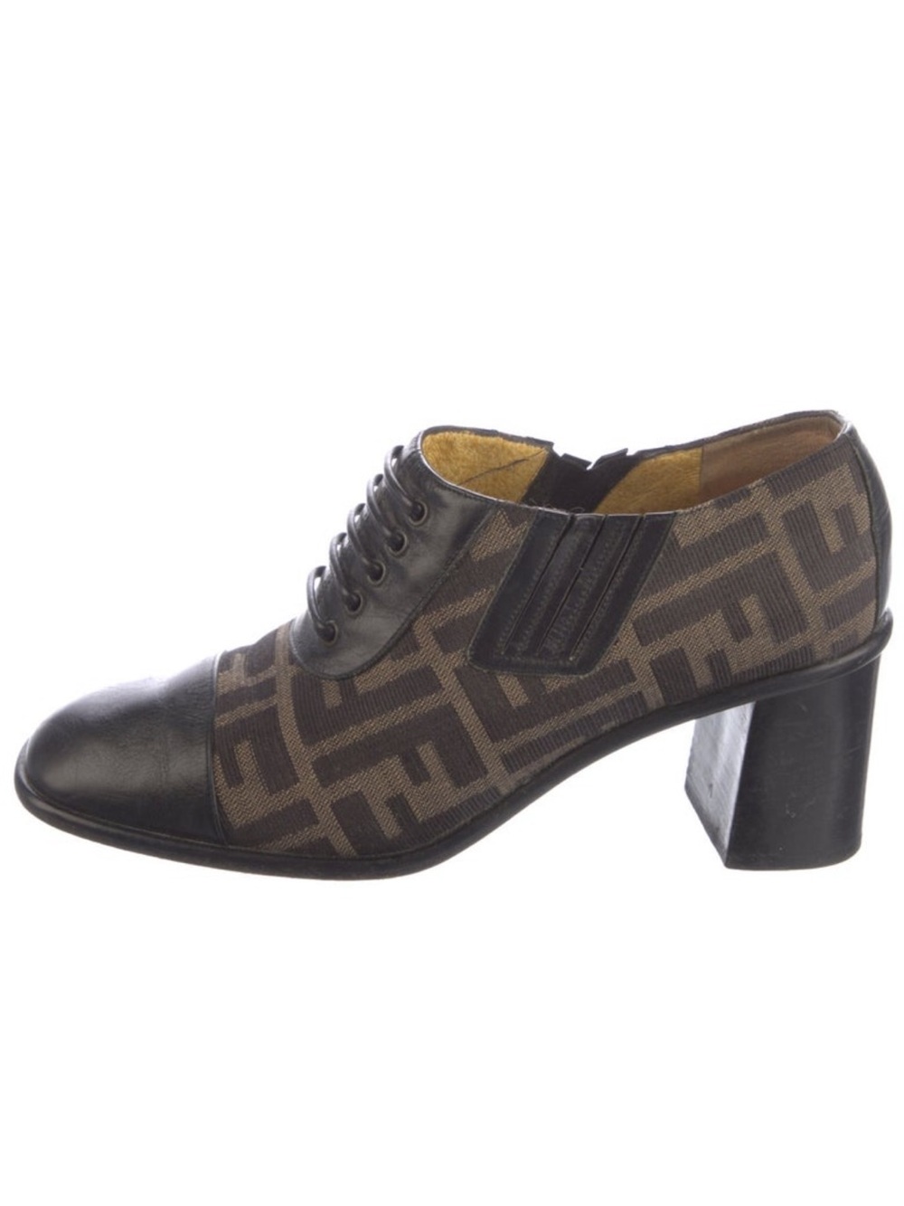 Fendi Brown & Black Monogram Block Heel Lace-Up Shoe